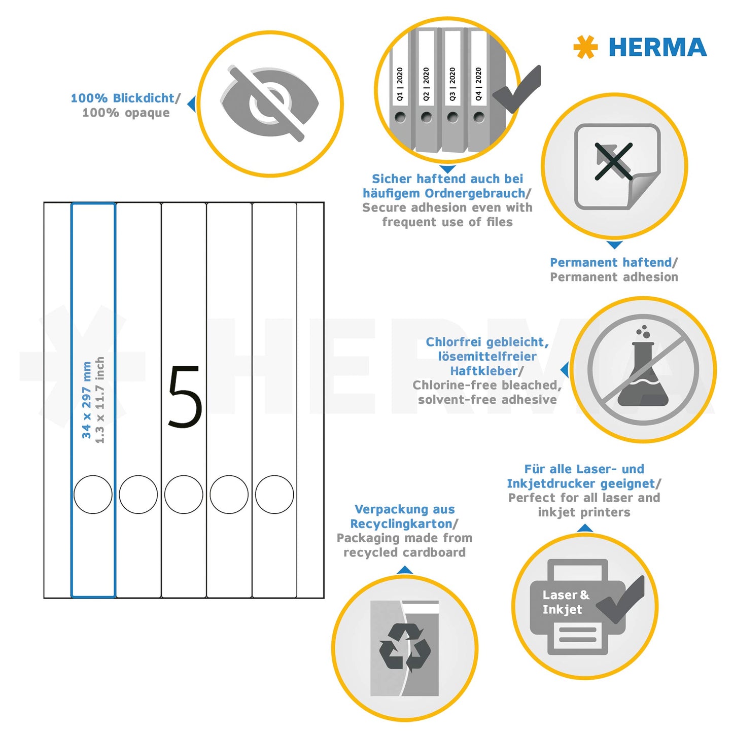 HERMA 5158 folder spine labels long and narrow, 800 sheets, 34 x 297 mm, 5 per A4 sheet, 4000 pieces, self-adhesive, printable, opaque, blank paper folder labels stickers, white