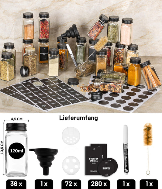 Deco house® Square Spice Jars with Spice Labels, 36-piece set with Shaker Inserts - Spice Jars Set Spice Containers Spice Storage - Spice Jars Spice Shakers Glass