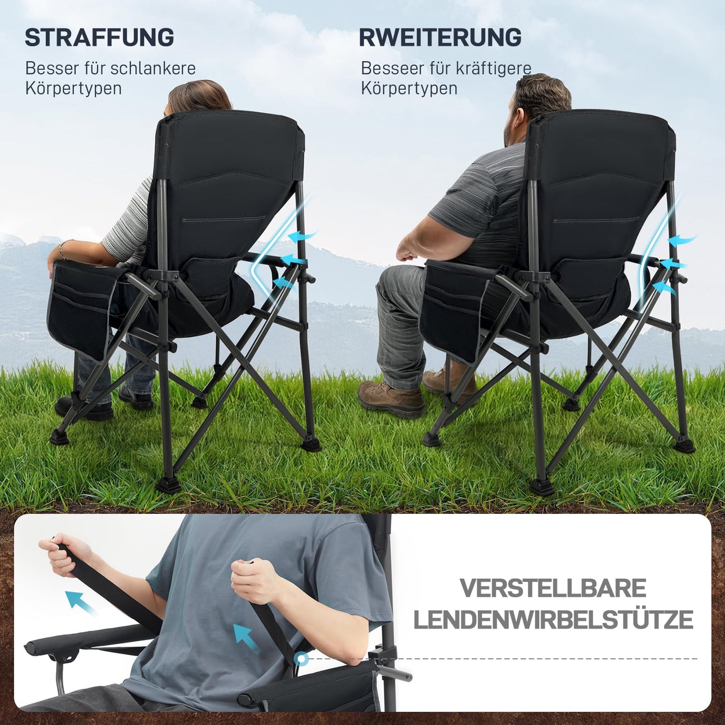 Ever Advanced folding camping chair supports up to 230KG. XL size with lumbar support, 62cm wide seat, side pocket, and drink holder. Great for camping, outdoor activities, balcony, and garden.