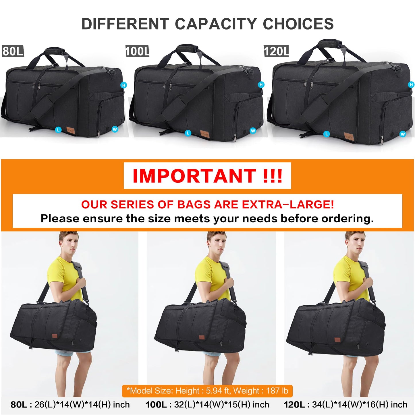 Urtala Foldable Travel Bag for Men & Women, 100L Large Weekender Overnight Bag with Shoe Compartment, Waterproof Carry-on Bag/Sports Bag