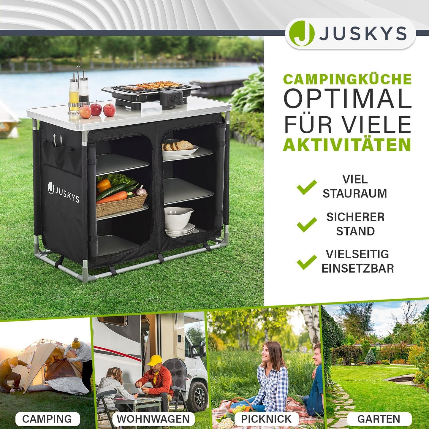 Juskys camping kitchen foldable with carrying bag - outdoor camping kitchen foldable camping cabinet - foldable kitchen box - black
