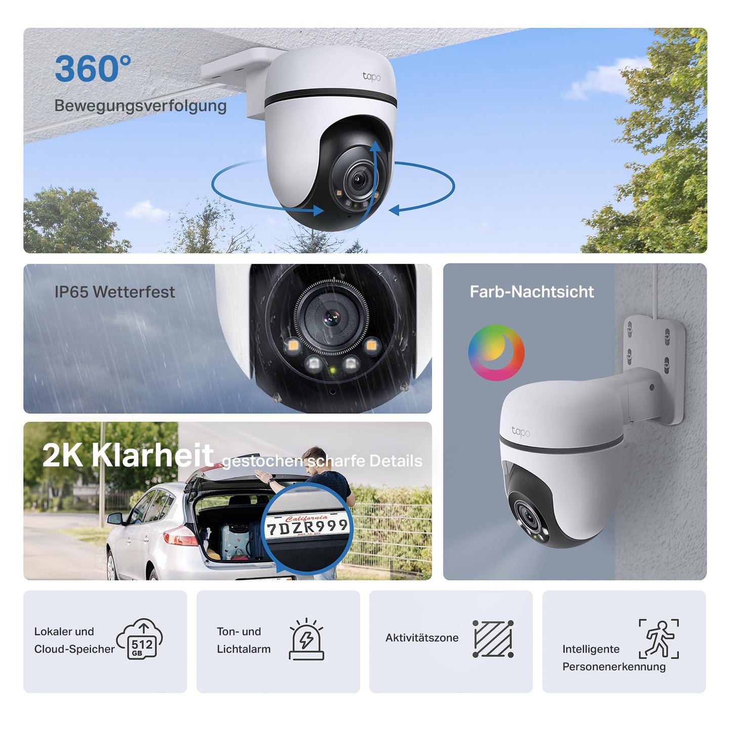 Tapo C51A 2K WiFi Outdoor Surveillance Camera, 360° Pan/Tilt, Full Color Night Vision, Person Detection, Motion Tracking, Two-Way Audio, microSD Card up to 512 GB.