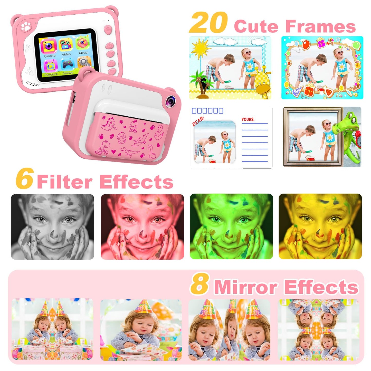 Children's camera, digital camera, instant print camera, 1080P, 2.4-inch screen, video camera, black and white film camera with 32GB card, 3 rolls of printing paper, 5 colored brush pens. A gift for children aged 3-12 years.