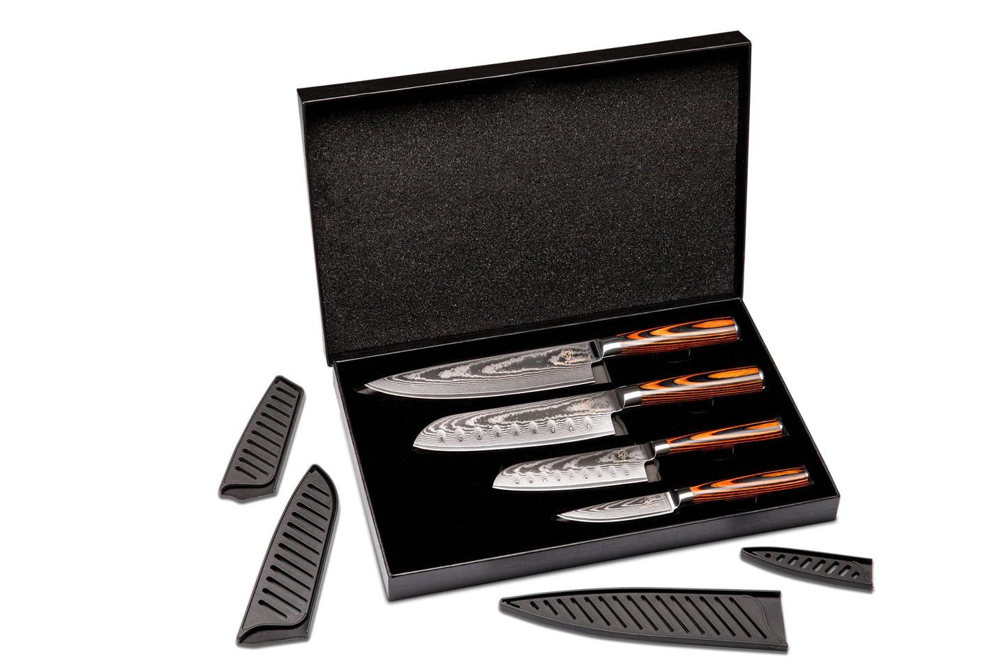 Wolfblood 4-piece damascus knife set (32, 30, 24, and 20 cm) Professional damascus kitchen knife set made of genuine 67 layers of damascus steel I Set includes chef's knife, santoku knife, blade guard, and gift box