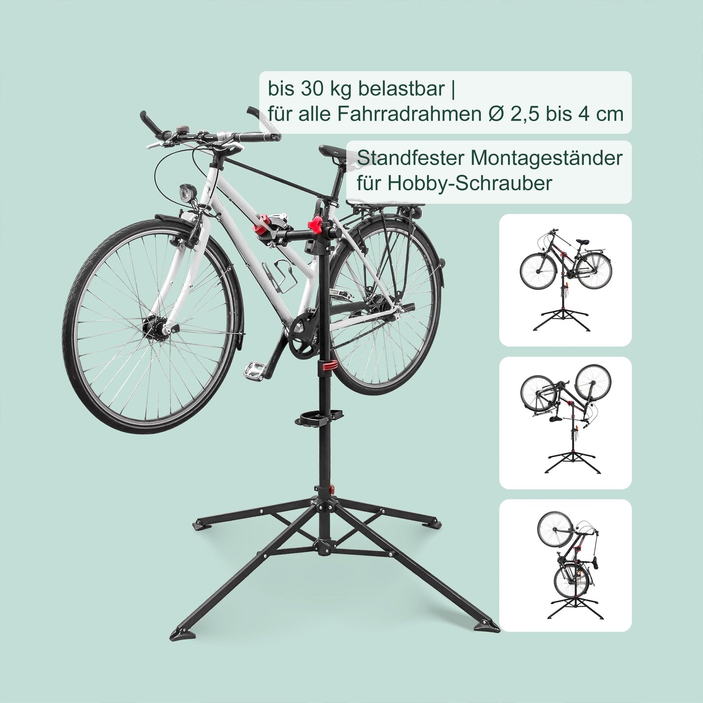 Relaxdays bike repair stand with tool tray - foldable & adjustable height - black four-legged stable stand - steel powder coated, 10017183, STANDARD