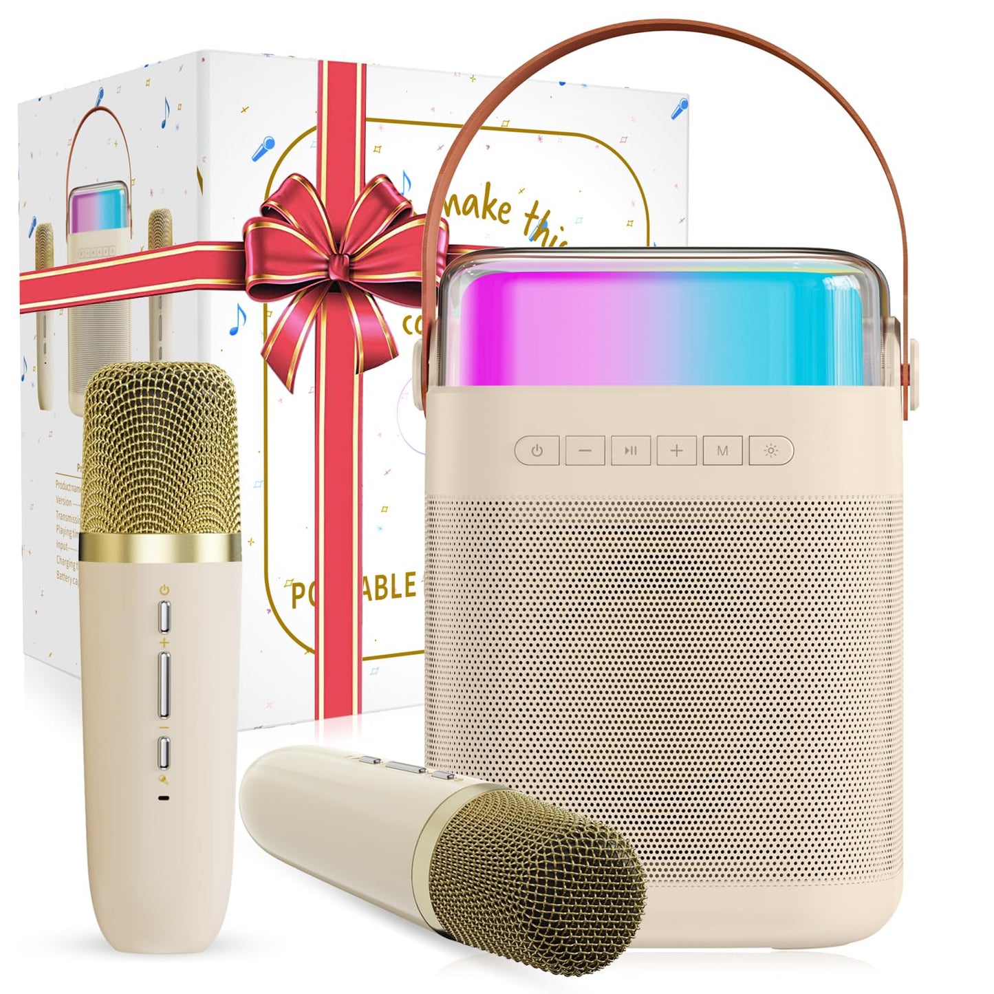 Karaoke machine with 2 wireless microphones, portable Bluetooth karaoke speaker with LED lights for home party, gift for birthday, Christmas, toy for girls and boys.