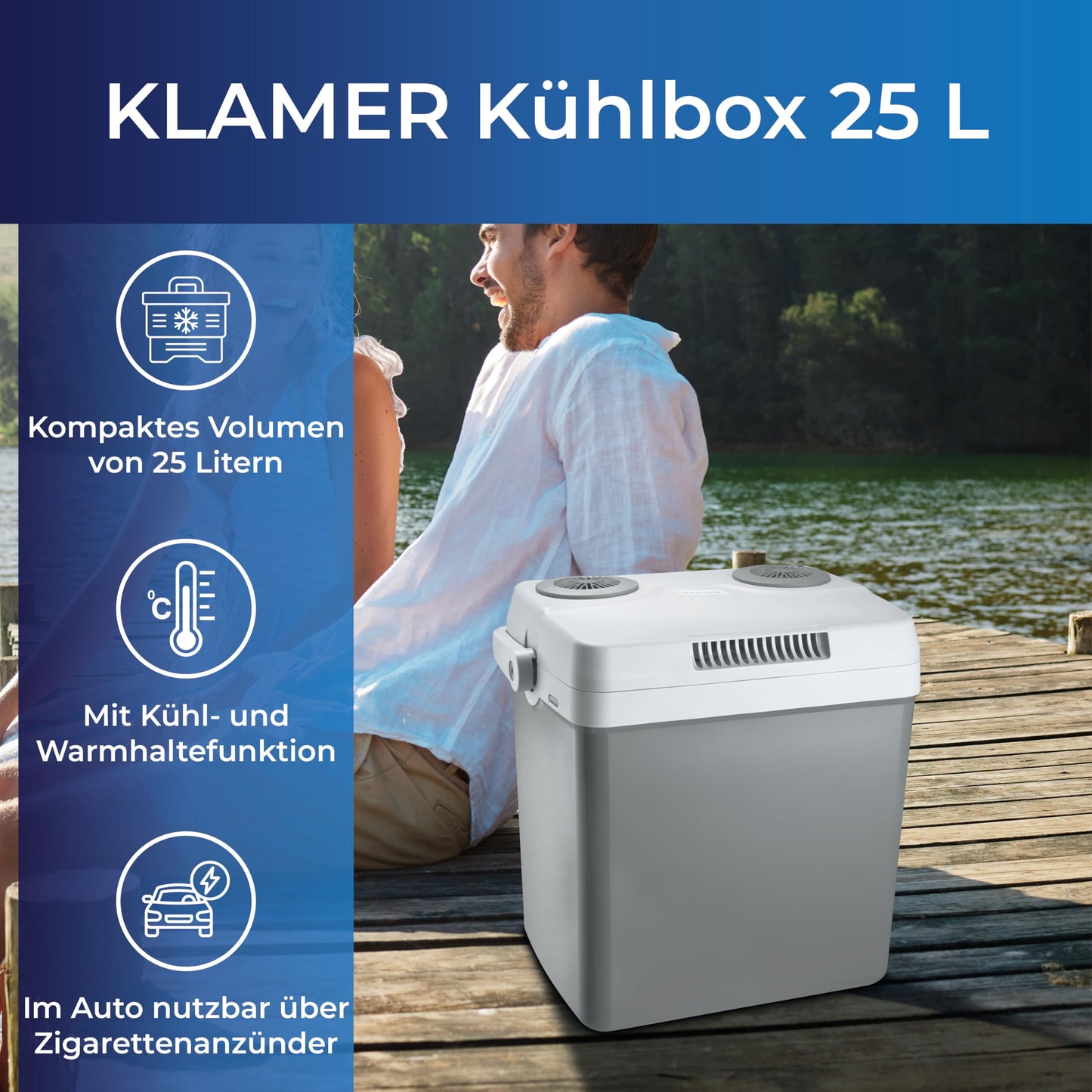 KLAMER electric cooling box 25 liters with cooling and warming function, 2 connections: 230V & 12V for cigarette lighter, car cooling box for camping, garden & outings, gray