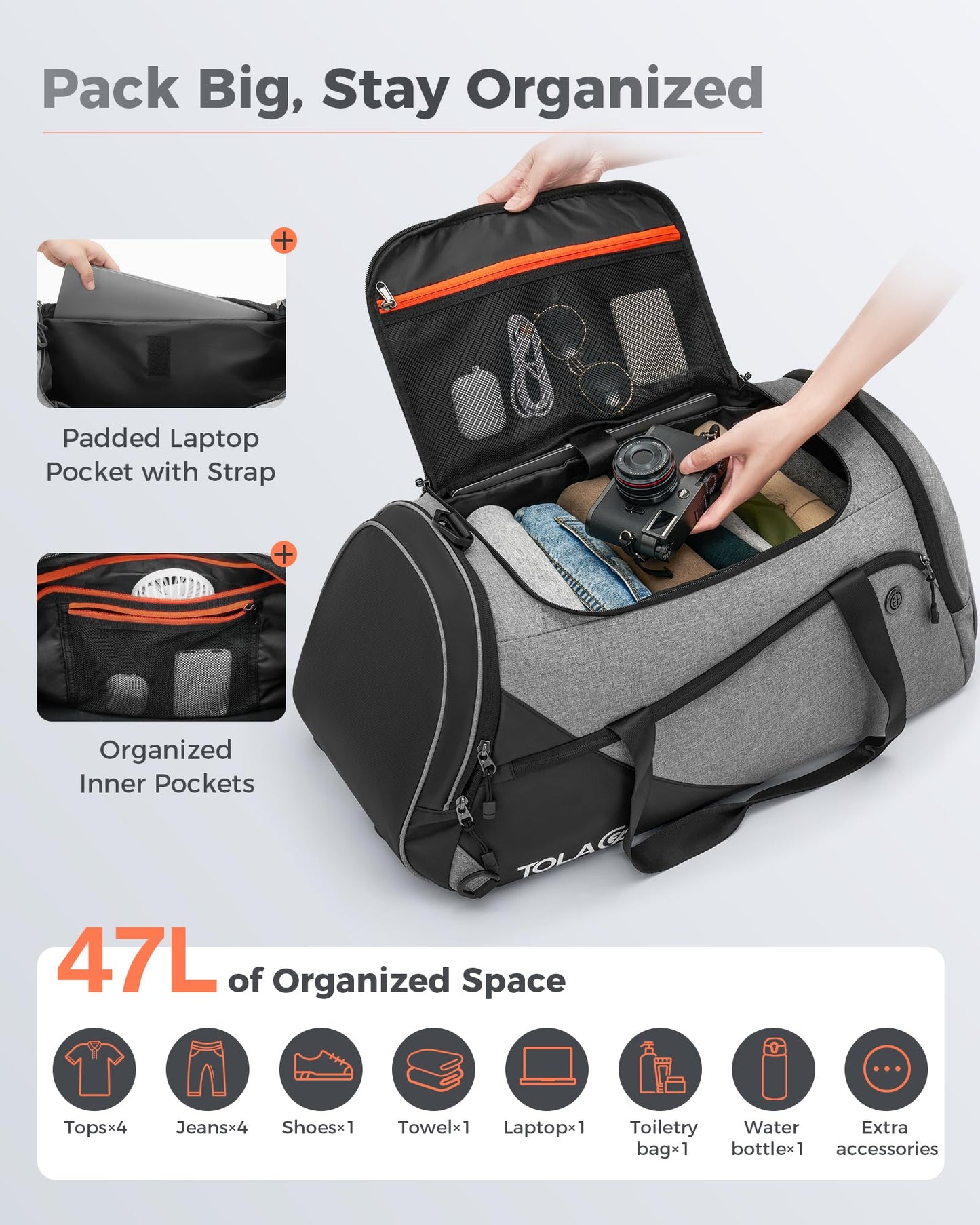 Tolaccea 47L Large Sports Bag Backpack with Shoe Compartment Wet Compartment Weekender Duffel Bag Gym Training Bag for Men Women Gym, Travel, Swimming, Sauna, Soccer (Gray)