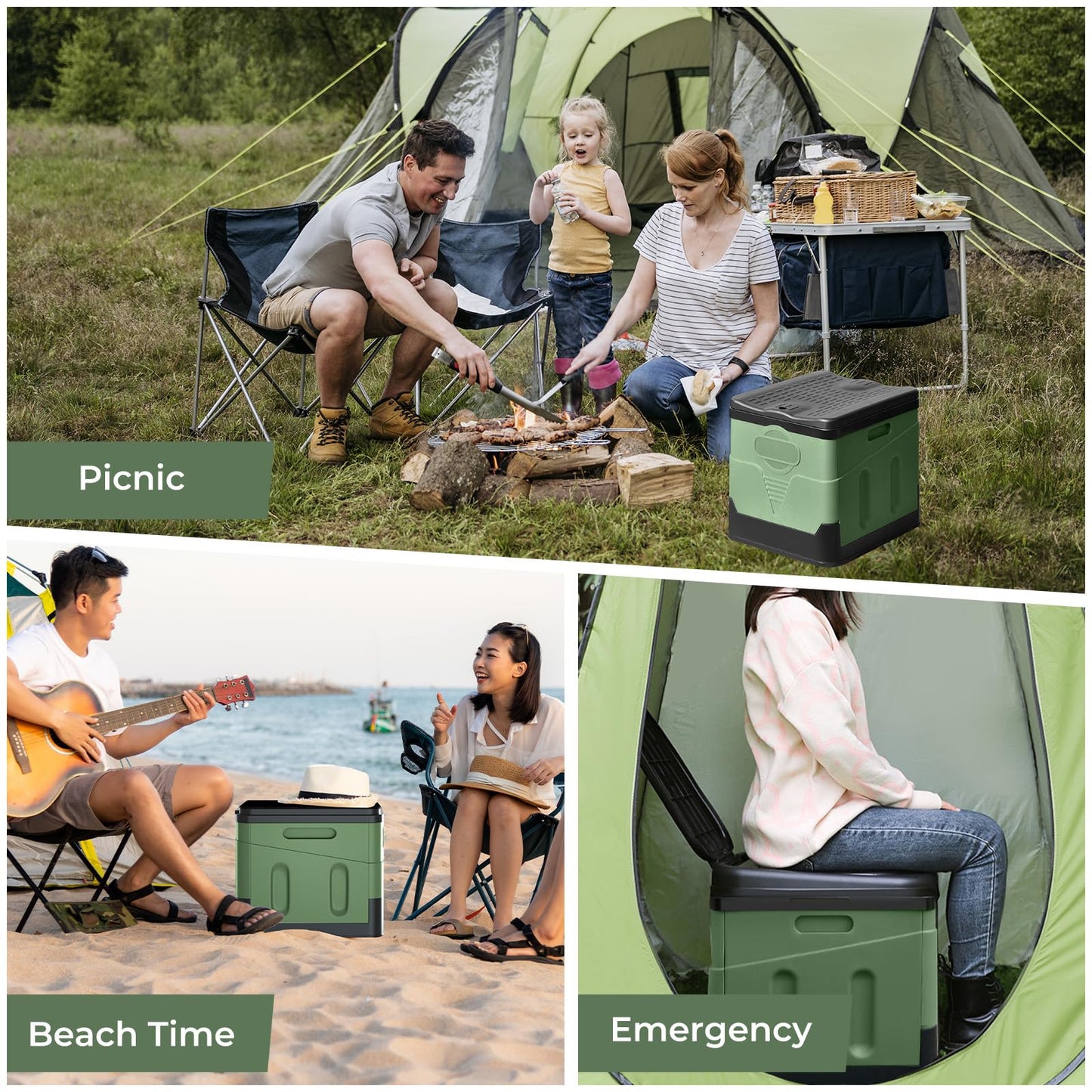 SaiXuan Portable Folding Toilet Set, 25L Capacity, Supports up to 150KG, 24 Trash Bags,Carry Bag, Toilet Seat Cushion, Portable Toilet for Camping, RV, Hiking (Military Green)
