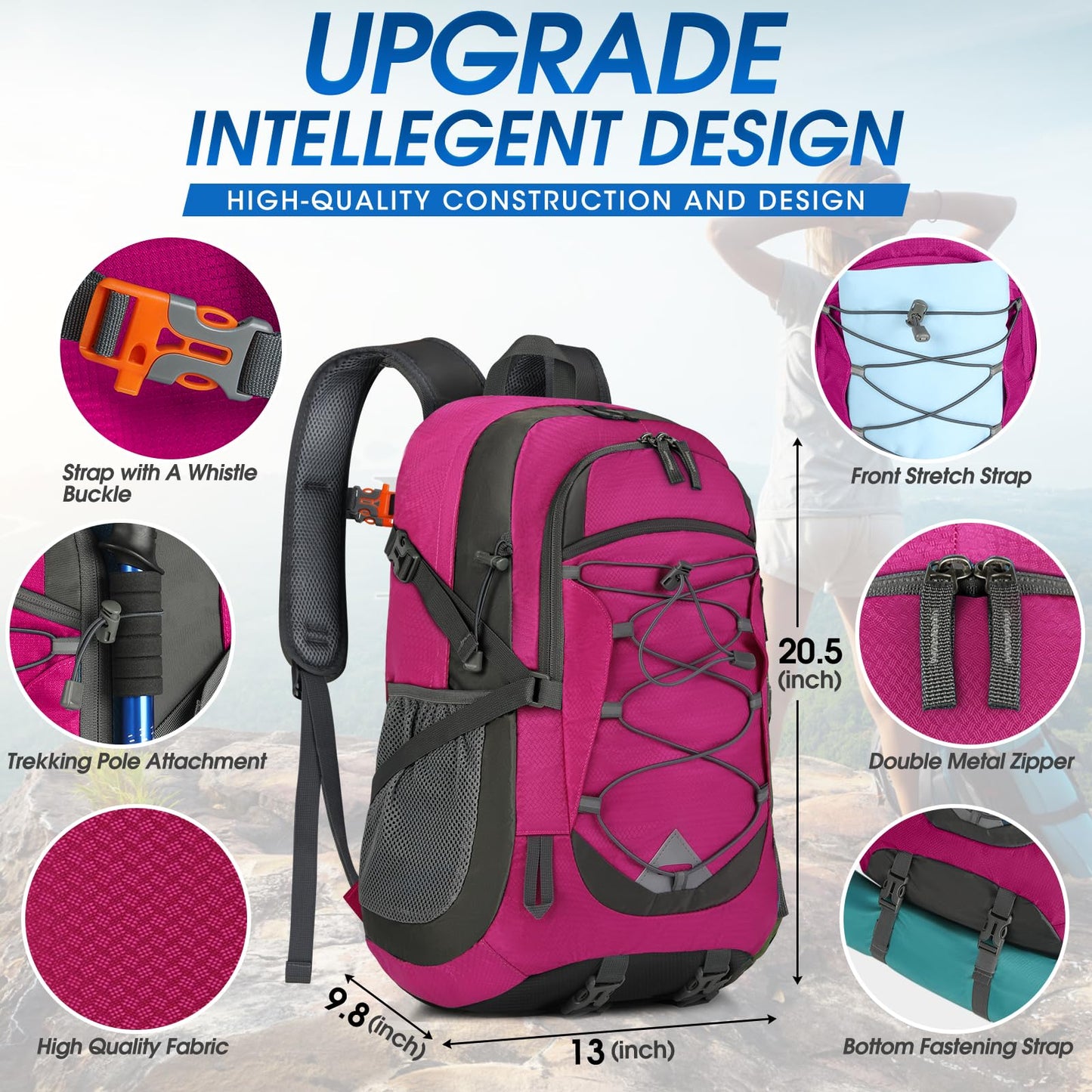 IGOLUMON hiking backpack for men and women, 40L waterproof and lightweight. Foldable for travel, with reflective strips for cycling, climbing, hiking, and sports. (Rose)