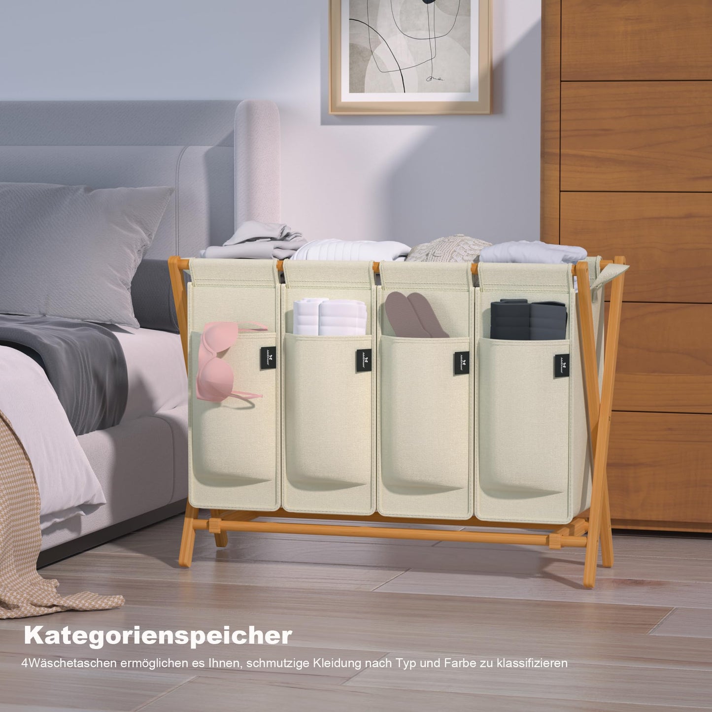 AdelDream 200L laundry basket with 4 compartments - Bamboo laundry collector & sorter, laundry sorting system, X-shaped laundry box, Beige