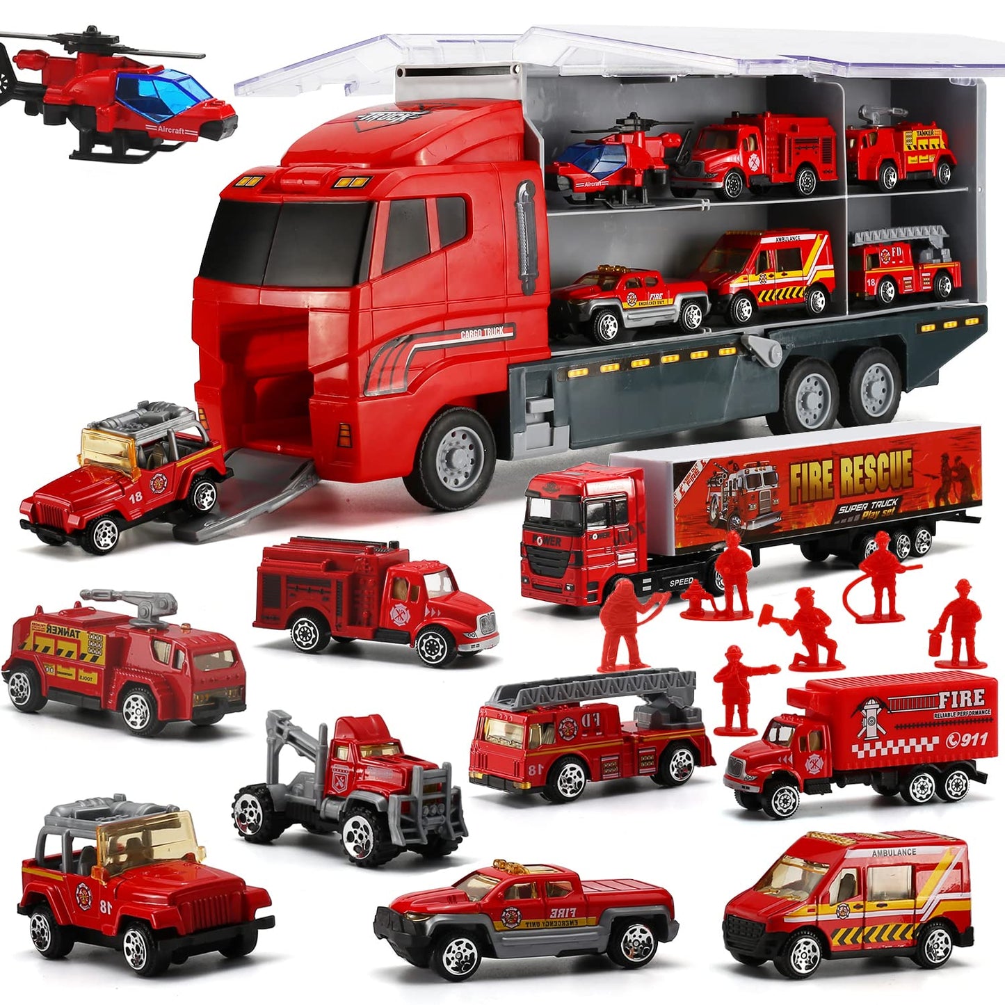 19-in-1 Fire Truck Set, Fire Department Toy Fire Trucks in Truck with 9 Figures for Kids 3+ Years Old