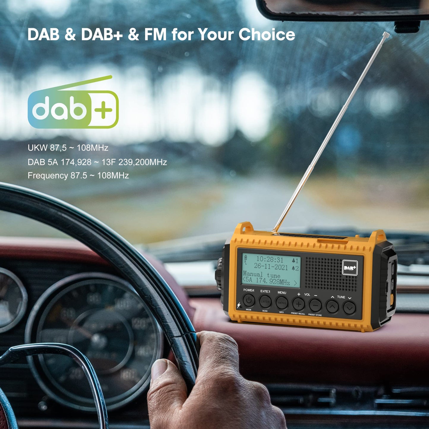 Crank radio with 5000mAh battery, portable solar radio with LED flashlight & reading light, DAB+ jobsite radio IPX4, emergency radio and SOS alarm. Suitable for hiking, camping, outdoor activities. Yellow DAB model.