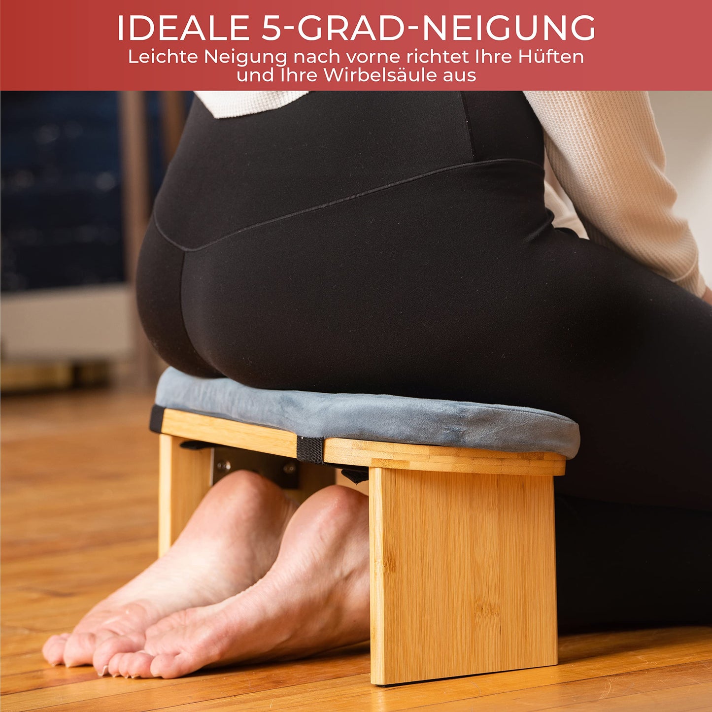 Florensi Meditation Bench - Folding Meditation Bench - Ergonomic Bamboo Meditation Stool - Stable Meditation Chair with Meditation Cushion for Kneeling & Sitting - Deeper & Longer Meditation