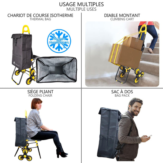 VOUNOT Shopping cart stair climber with cooler compartment and folding seat, foldable shopping trolley with 3 wheels, 40 L.