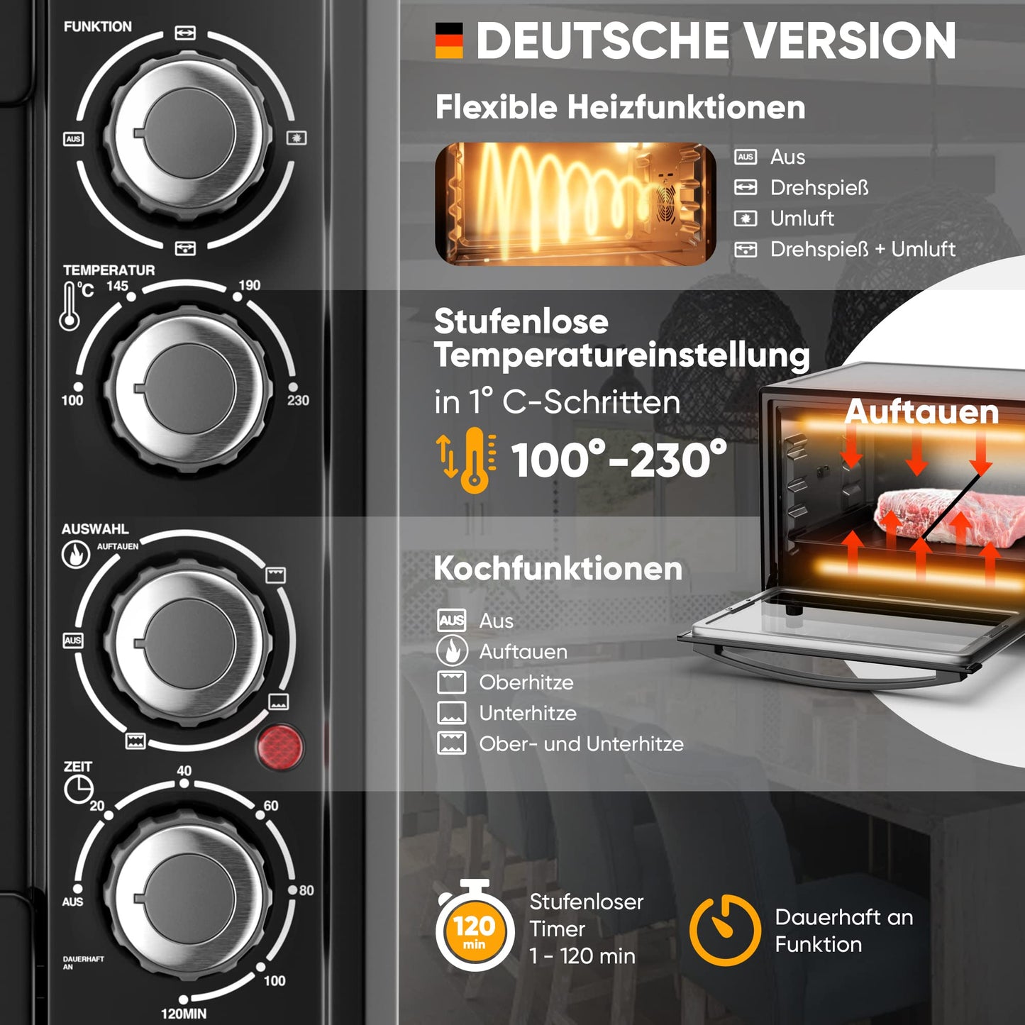 Stillstern Mini Convection Oven 45L (DE Version) Pizza Ø32, CYCLONE PRO+ non-stick coating, Defrost function, 2h timer, Camping Mini Convection Oven Pizza Oven Mini Oven small Rotisserie Chicken Grill with spit