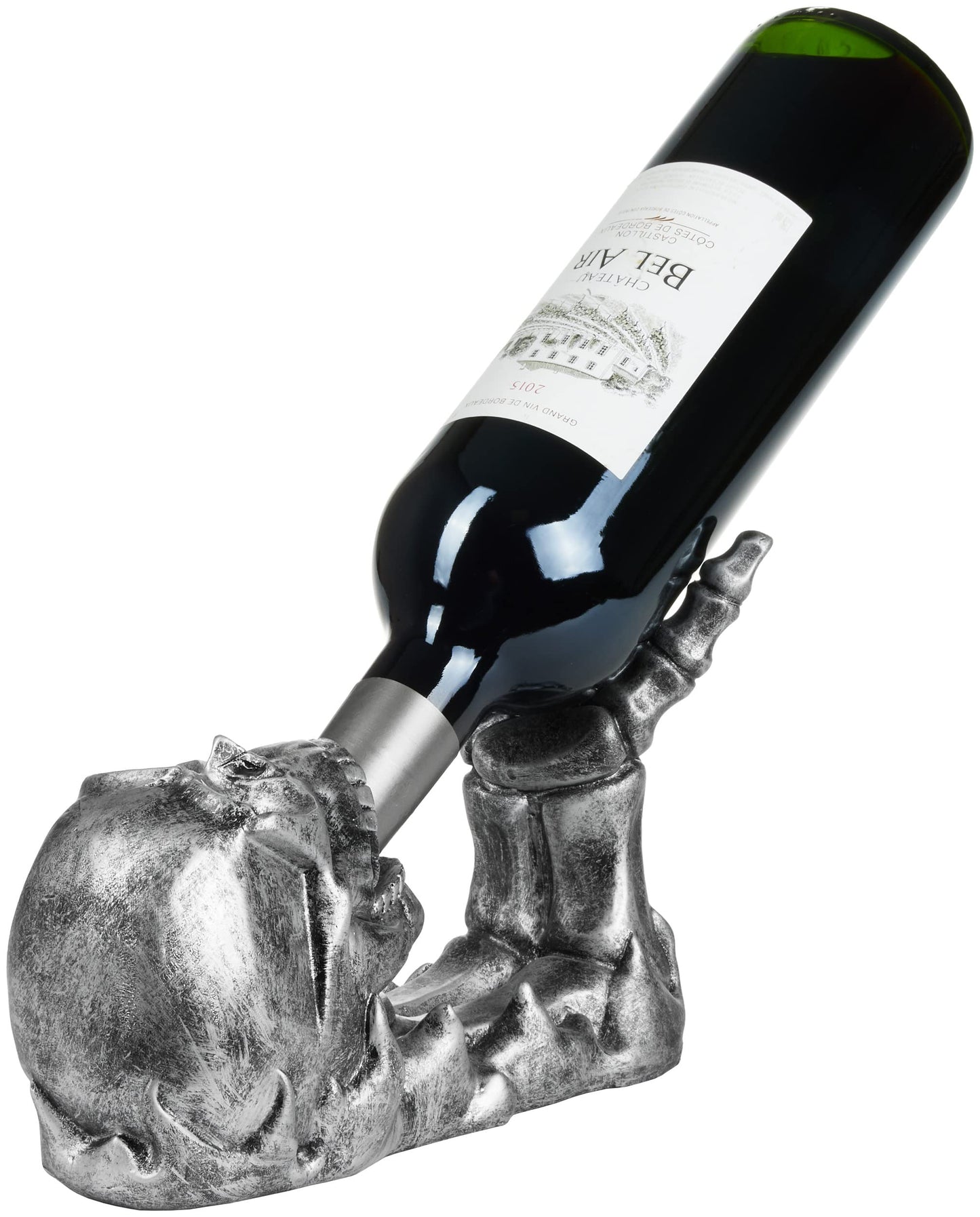 BRUBAKER wine bottle holder skull - bottle holder drinking skull with skeleton hand silver - bottle stand decor figure hand-painted wine accessory - funny decoration - wine gift