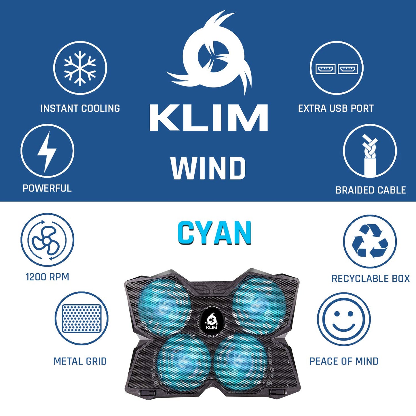 KLIM Wind Laptop Cooler - Over 500,000 units sold - NEW - Laptop Cooling Pad - USB Powered - Stable and quiet - 4 fans - Laptop Cooler For PC, Mac, Xbox, PS4 - 15-17 inch - Blue