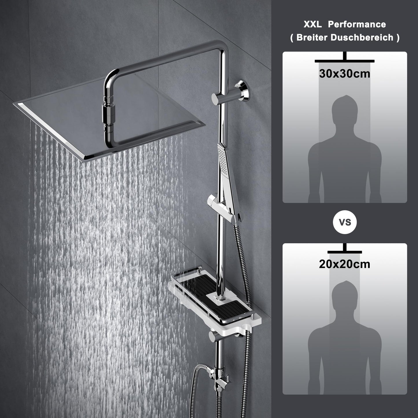 Görbach rain shower shower set shower system with shelf, chrome shower rod set shower column set made of stainless steel without shower faucet (head shower 30x30cm)