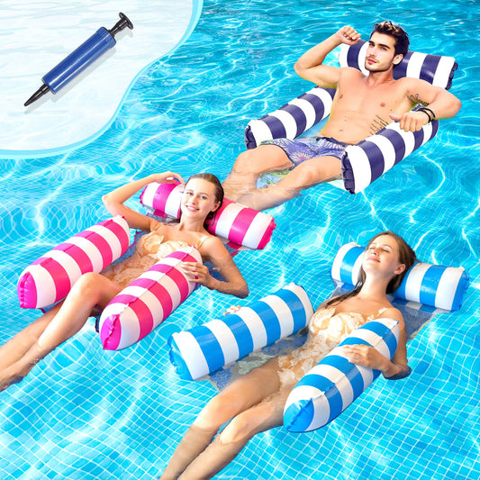Inflatable pool water hammock for adults. Relax and have fun on this pool accessory with a net. Great for the pool, sea, beach, or lake. Fits 3 persons. Enjoy the water!