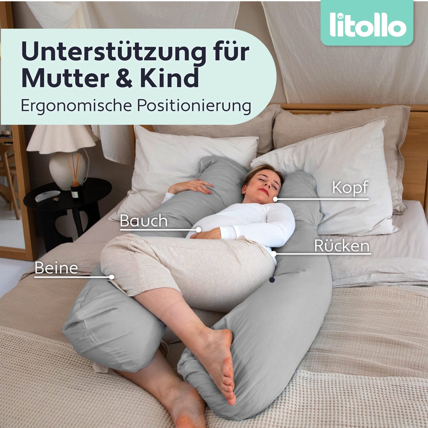 Litollo Pregnancy Pillow for sleeping, nursing pillow, U-shaped side sleeper pillow with cover, comfort pillow for adults - Pregnancy Pillow 140x80cm.