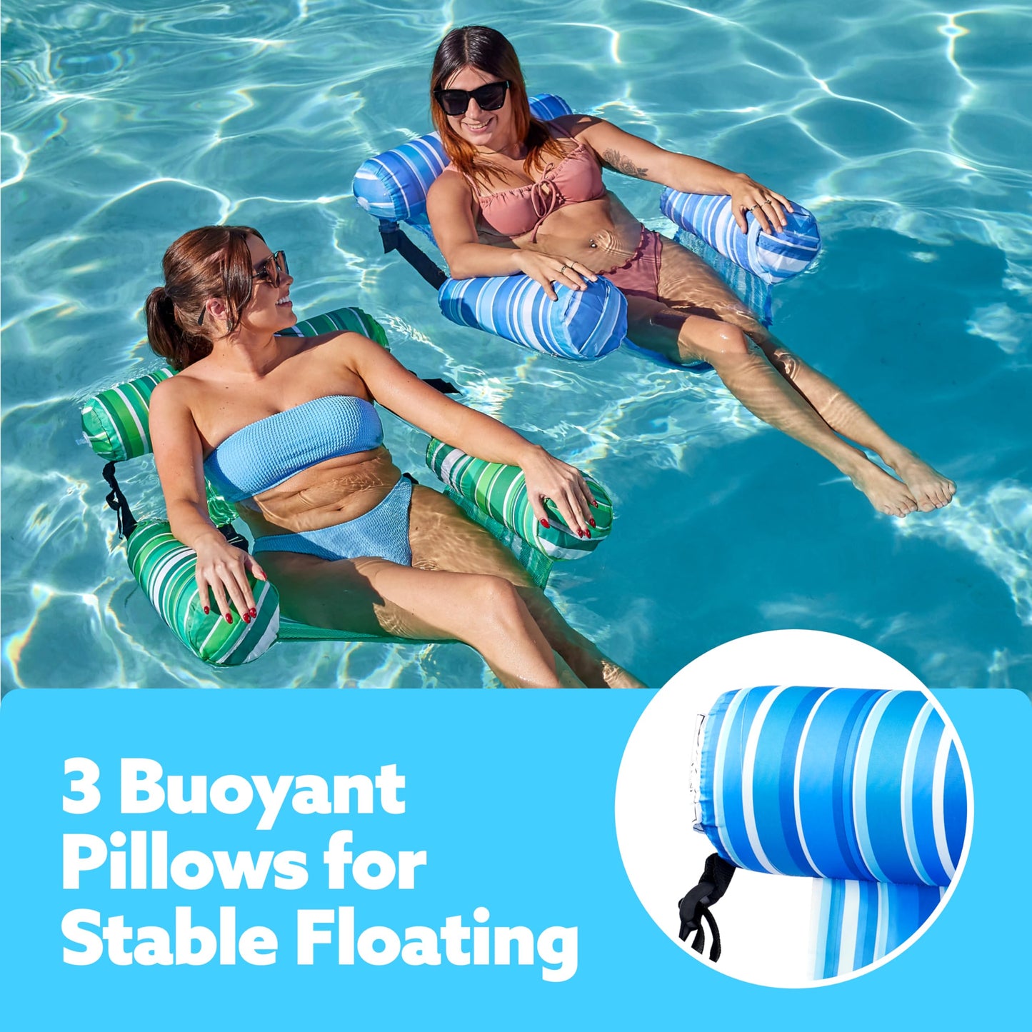 SLOOSH Inflatable Adult Pool Float, 2-Pack Floating Pool Rafts, Adult Inflatable Pool Noodles, Swim Chair for Parties, Summer, Water, Beach, Glow-in-the-Dark Stripes, Green, Blue