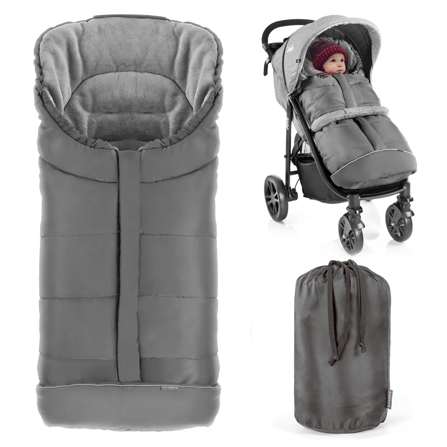 Zamboo footmuff for Joie stroller (fits Litetrax, Mytrax, Chrome) - winter footmuff for strollers, with reflector, hood function & pocket - Grey
