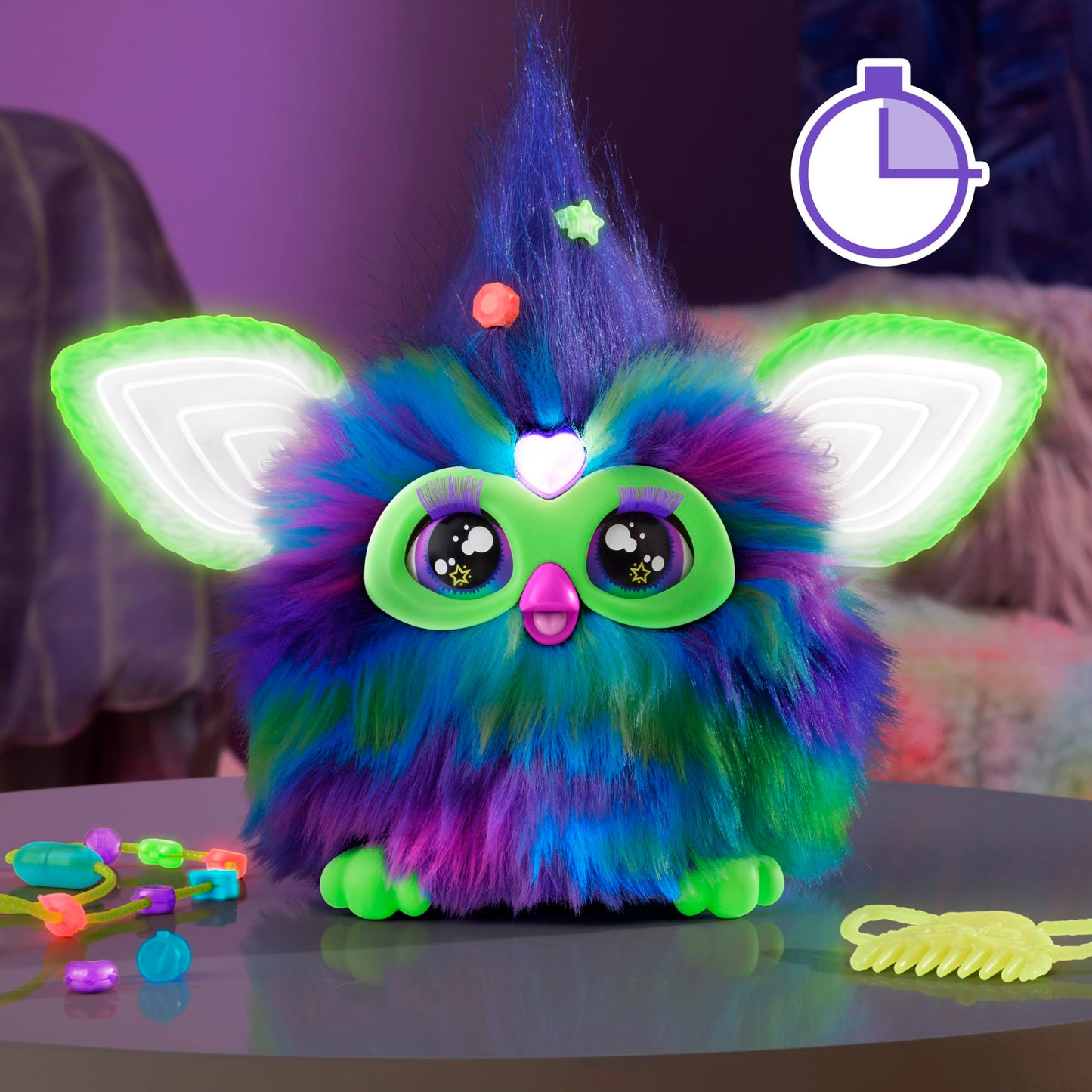 Furby Galaxy, glows in the dark, interactive plush toy - German Version, Silver/Blue/Purple