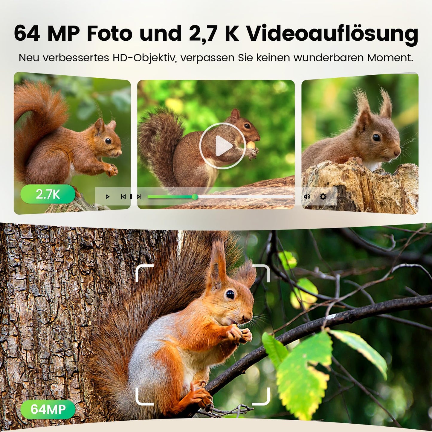 XTU Wildlife Camera with WiFi and cell phone transfer app - 64MP 2.7K Solar Wildlife camera with motion sensor night vision, 30m remote access, 0.2s trigger time 120° detection angle, with 32GB SD card 5600mAh battery