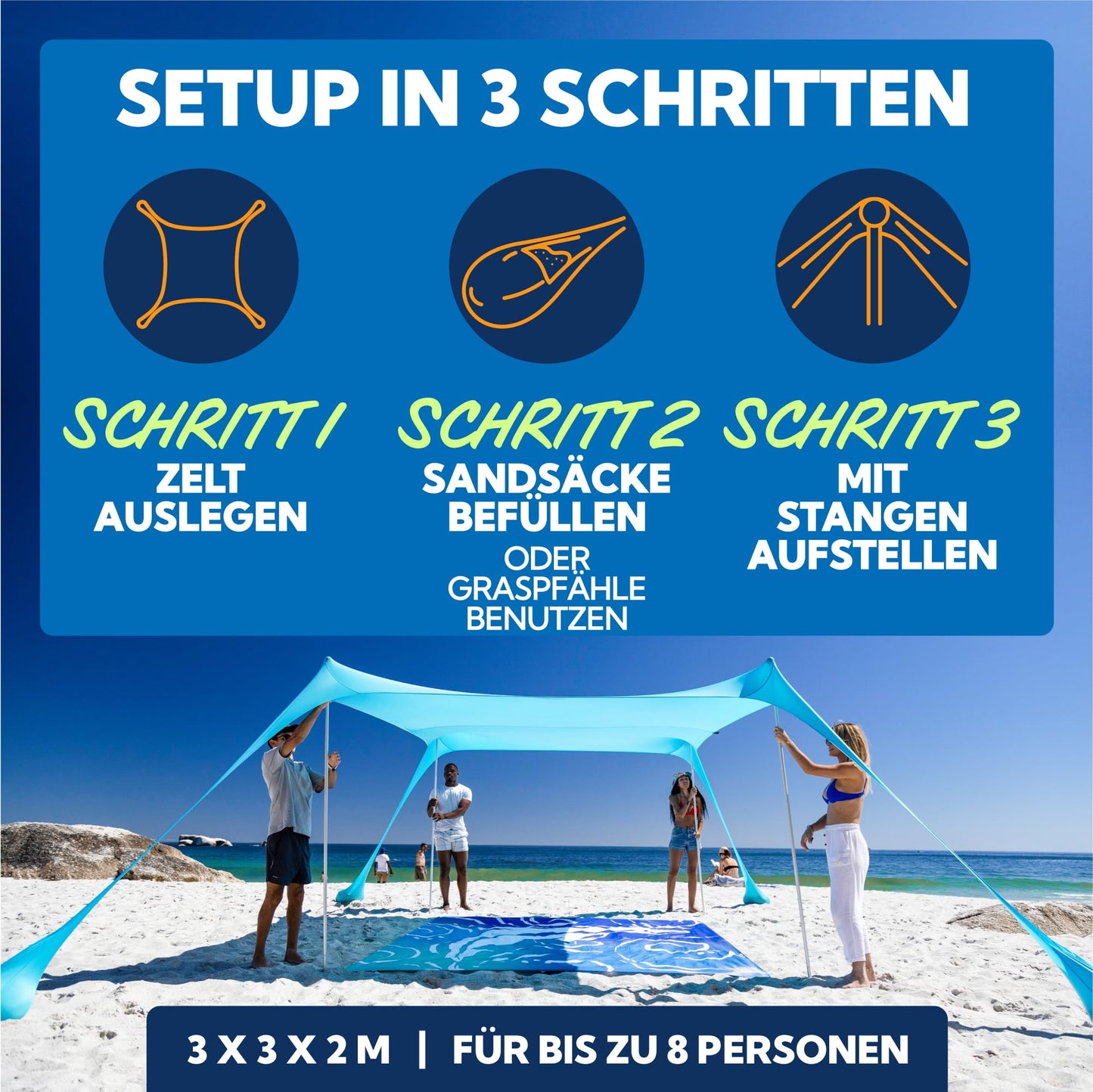 Sun Ninja beach tent with UPF50+ - sun protection beach sunshade with sand shovel & ground nails - beach shelter baby UV protection 50 - beach tent