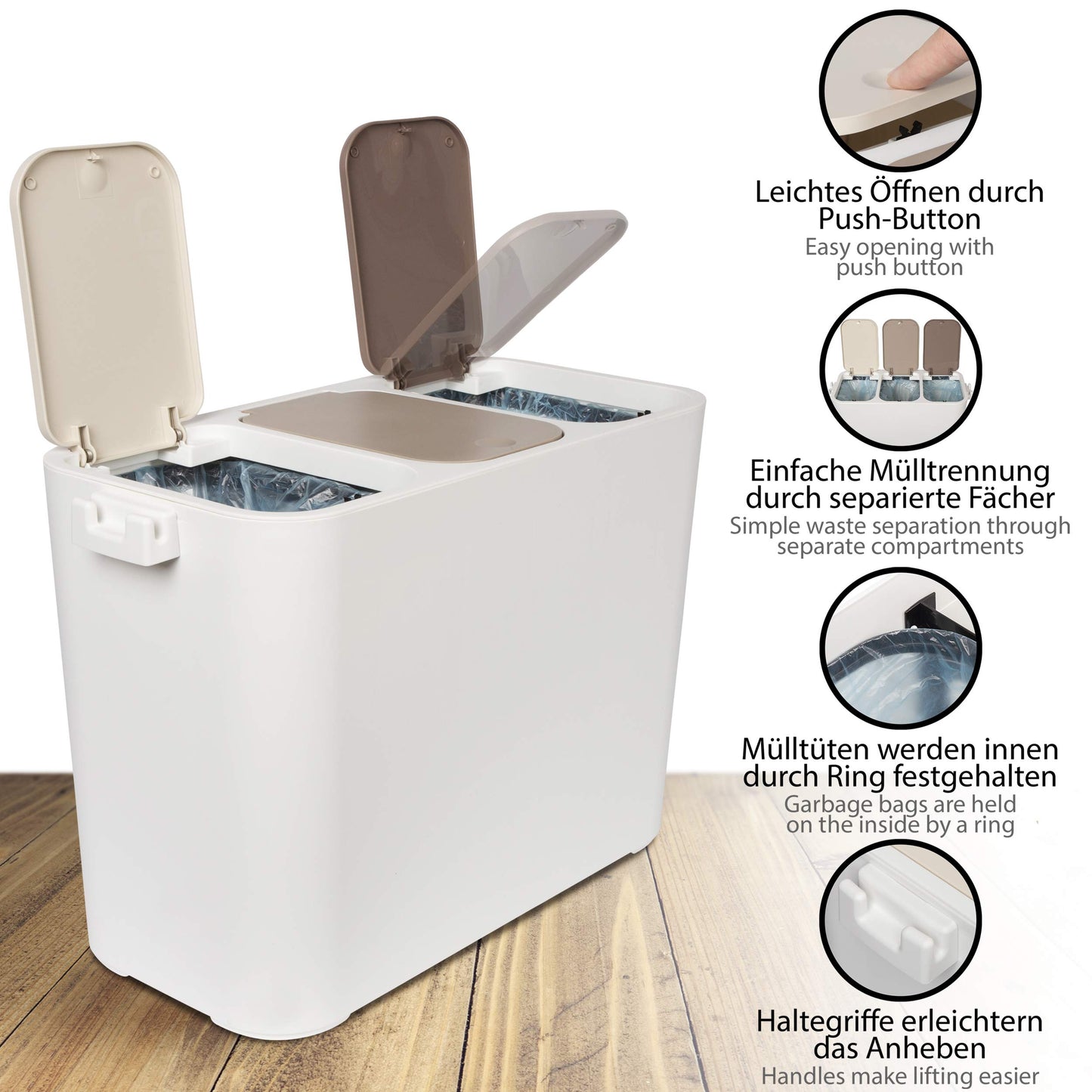ONVAYA® waste separation system Ben | Waste separation with multiple compartments | Trash can in cream-white | Waste bin for kitchen & bathroom (27 liters, cream-beige-brown)
