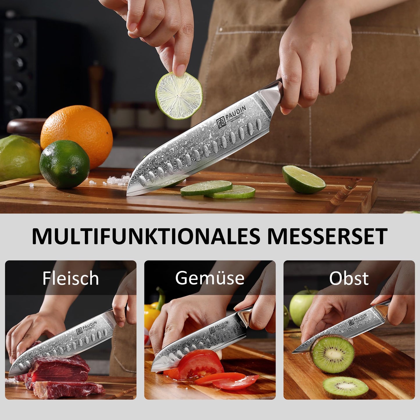 PAUDIN Damascus knife set, 3-piece knife set with ultra sharp Santoku knife kitchen knife made of 67 layers of Damascus steel with a Japanese VG10 steel core, ergonomic G10 handle.
