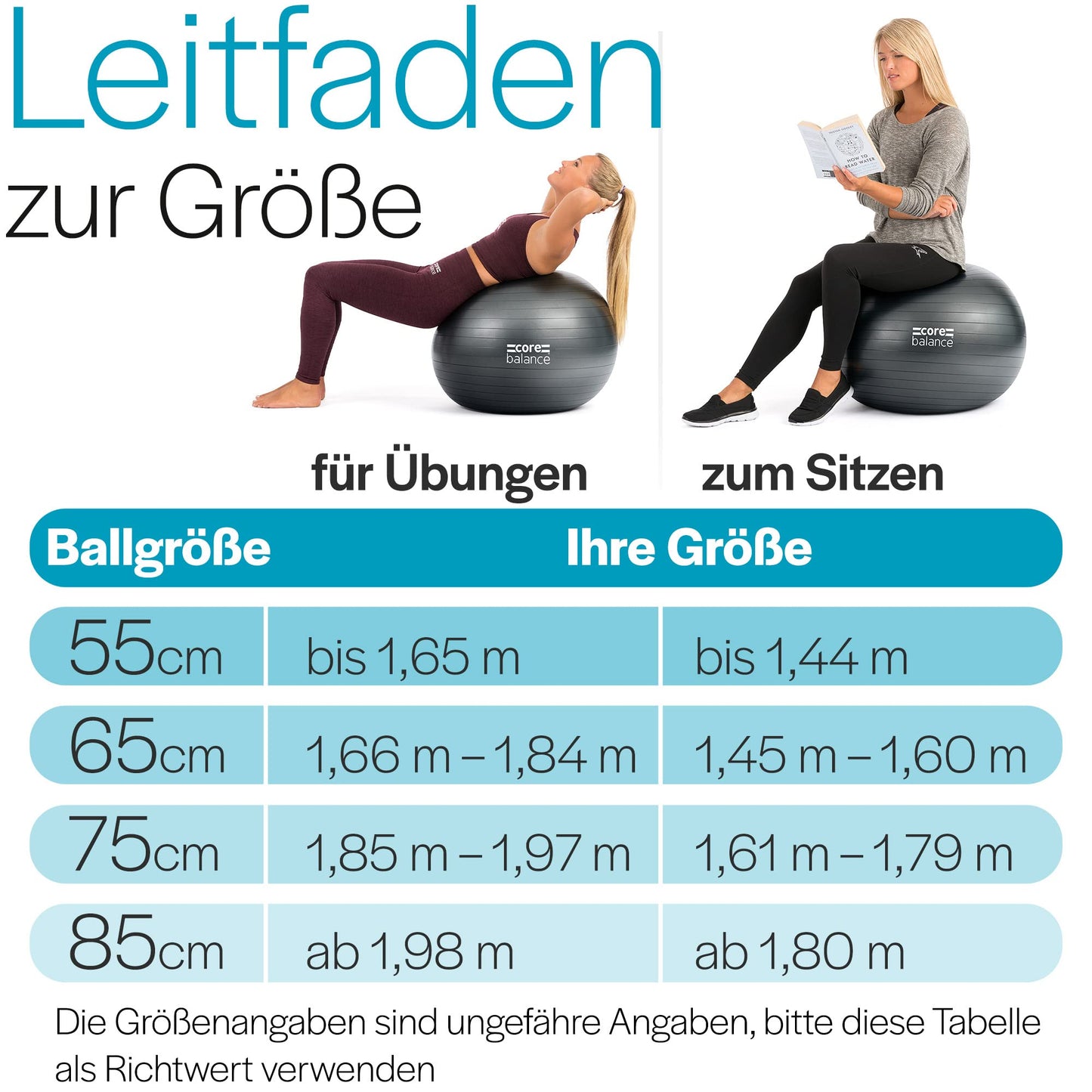 Core Balance, burst-resistant exercise ball - for fitness yoga pregnancy - 55cm 65cm 75cm 85cm - includes air pump