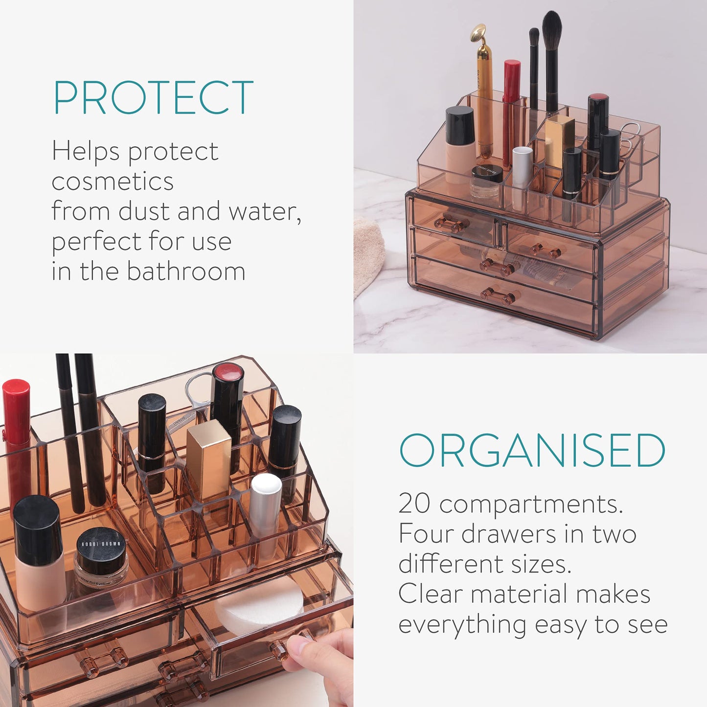 Navaris Makeup Storage Organizer - Cosmetic Storage Box made of transparent acrylic - Holder with drawers and compartments - 2in1 design - Brown
