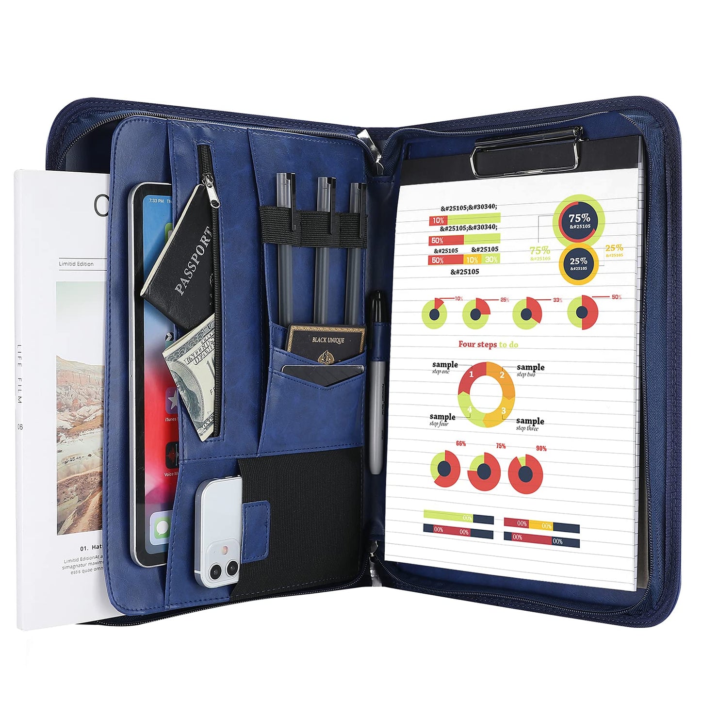 ProCase A4 Writing Pad PU Leather Conference Folder Portfolio with Zipper Clipboard Notepad Business Document Holder, lightweight, durable material - Navy