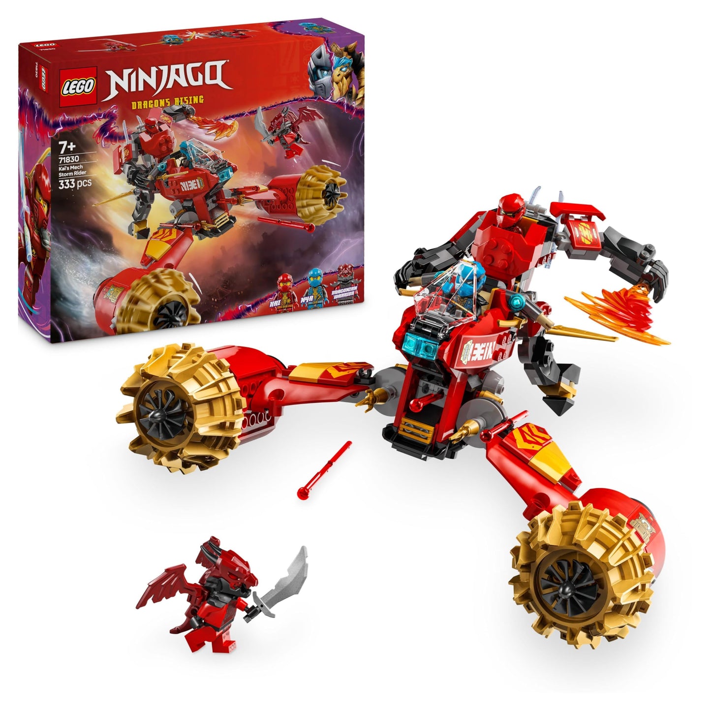LEGO NINJAGO Kai's Stormbringer Mech - Flying motorcycle toy with 3 minifigures - Mech with posable head, arms, and legs - Building toy - Gift for boys & girls ages 7+ 71830