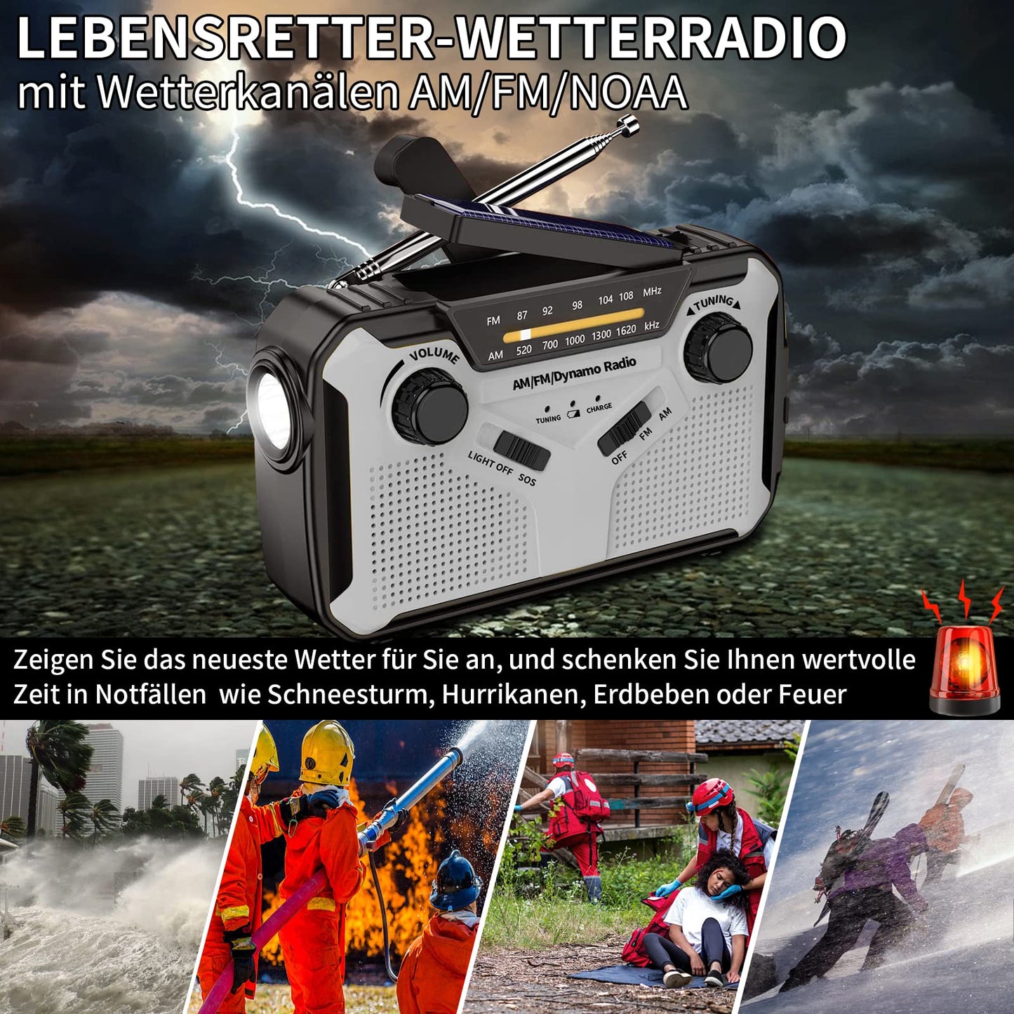 Solar radio, AM/FM portable crank radio dynamo emergency radio with 4000mAh rechargeable battery, LED flashlight, SOS alarm for camping, outdoor, emergency (Grey)