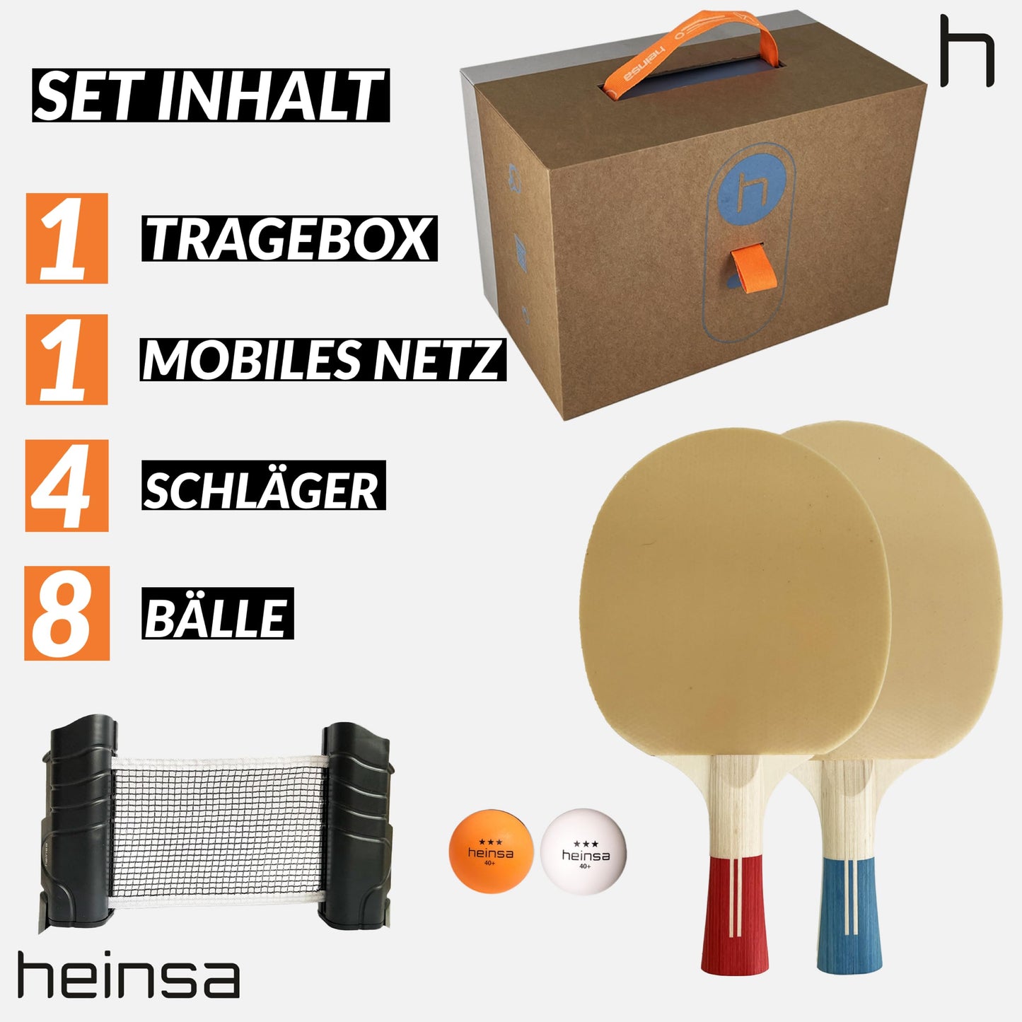 The Heinsa table tennis racket box comes with 4 rackets in blue and red, 8 table tennis balls, 1 net, and an innovative carrying case for families!