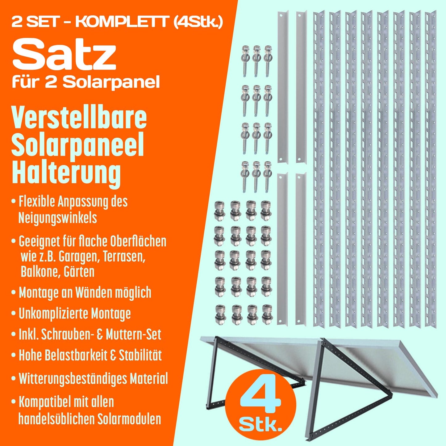 4x Solar Panel Mounting 1180mm Set for 2 Solar Panels Solar Panel Flat Roof Mounting Photovoltaic Universal Balcony Power Plant Robust Wall Flat Roof Installation, Weatherproof, PV Modules
