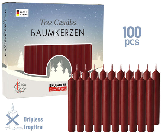 BRUBAKER 100 pack of tree candles wax - Christmas candles pyramid candles tree candles - Dark red