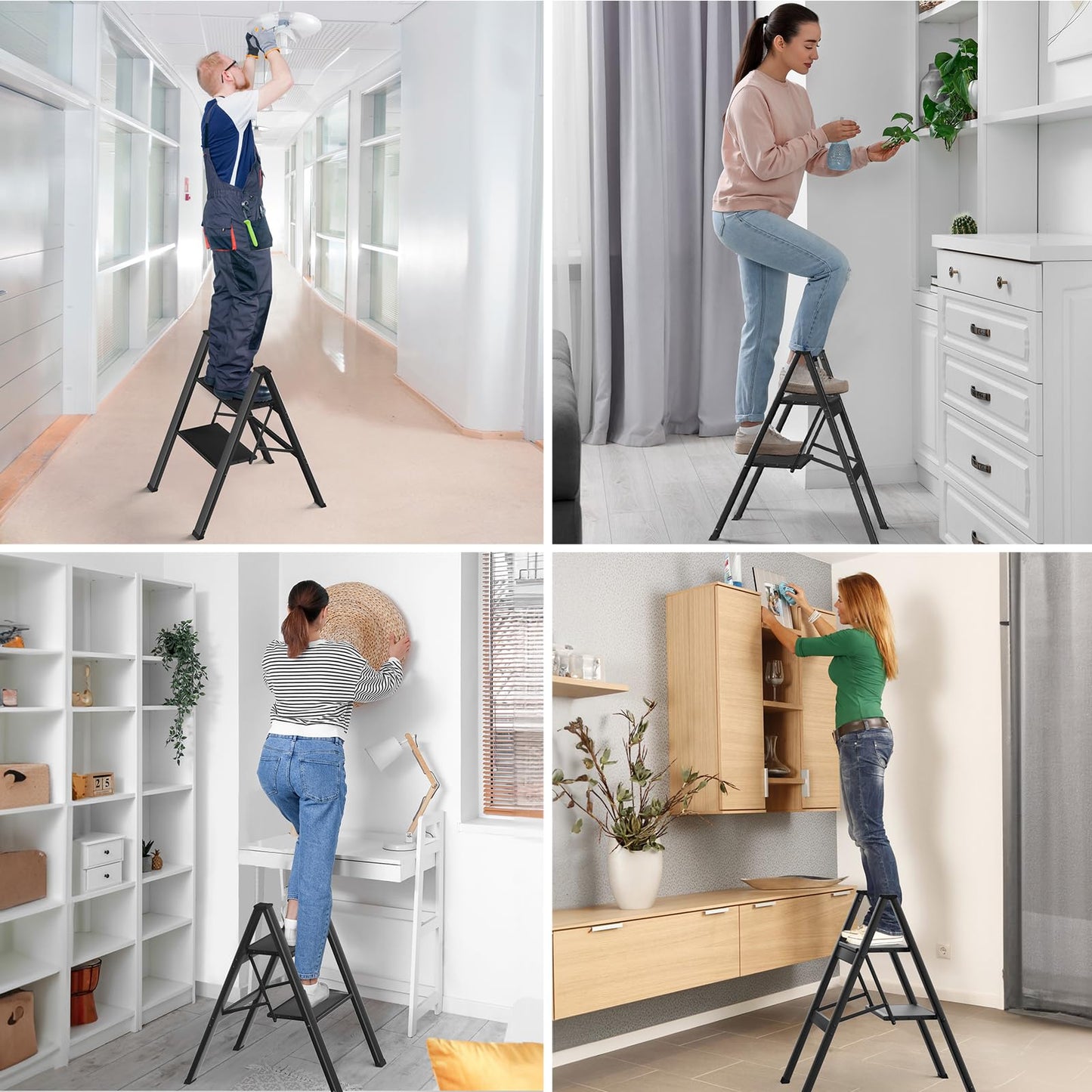 TLGREEN Aluminum Step Ladder 2-Step Folding Ladder Slip-Resistant Step Stool Household Multifunctional Step Stool Easy to Store up to 150kg Capacity for Kitchen Household Outdoor Office Black