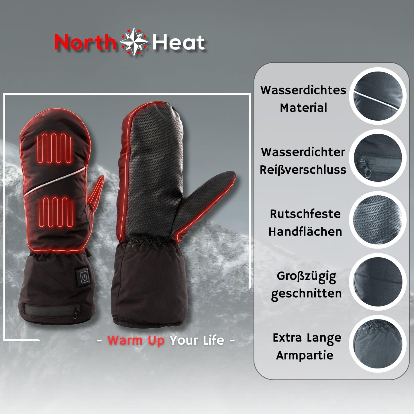 NorthHeat optimized heated gloves | heated mittens for men & women in 3 sizes | rechargeable heating gloves | skiing and outdoor
