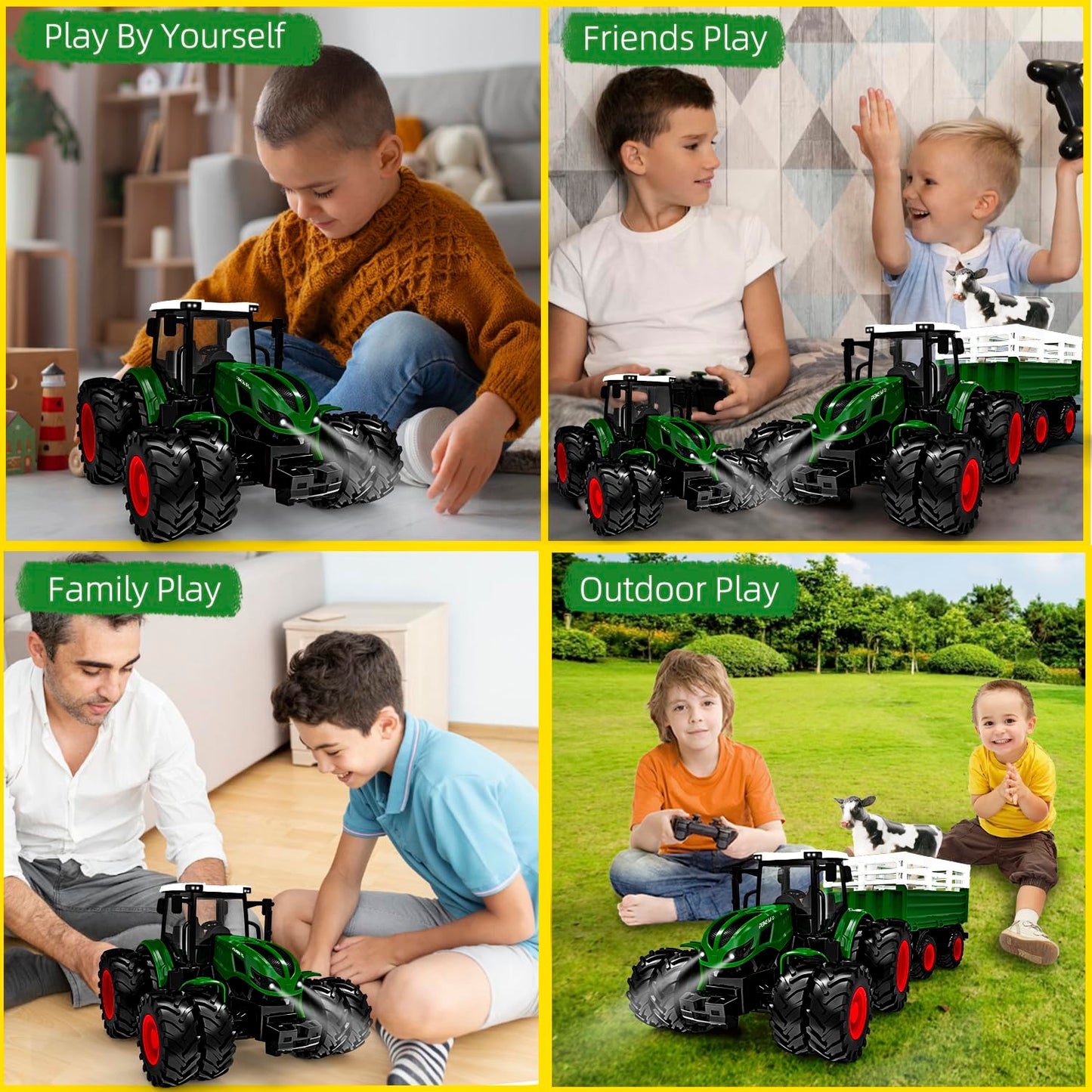 RC Remote Control Tractor with Trailer, lights and cow. Suitable for children 3 years and older. Great Christmas gift for kids.