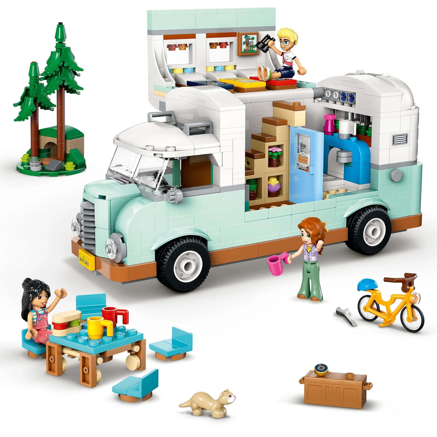LEGO Friends RV, play set with toy caravan, gift for girls 7+, creative roleplay with 3 minifigures and ferret figure 42663