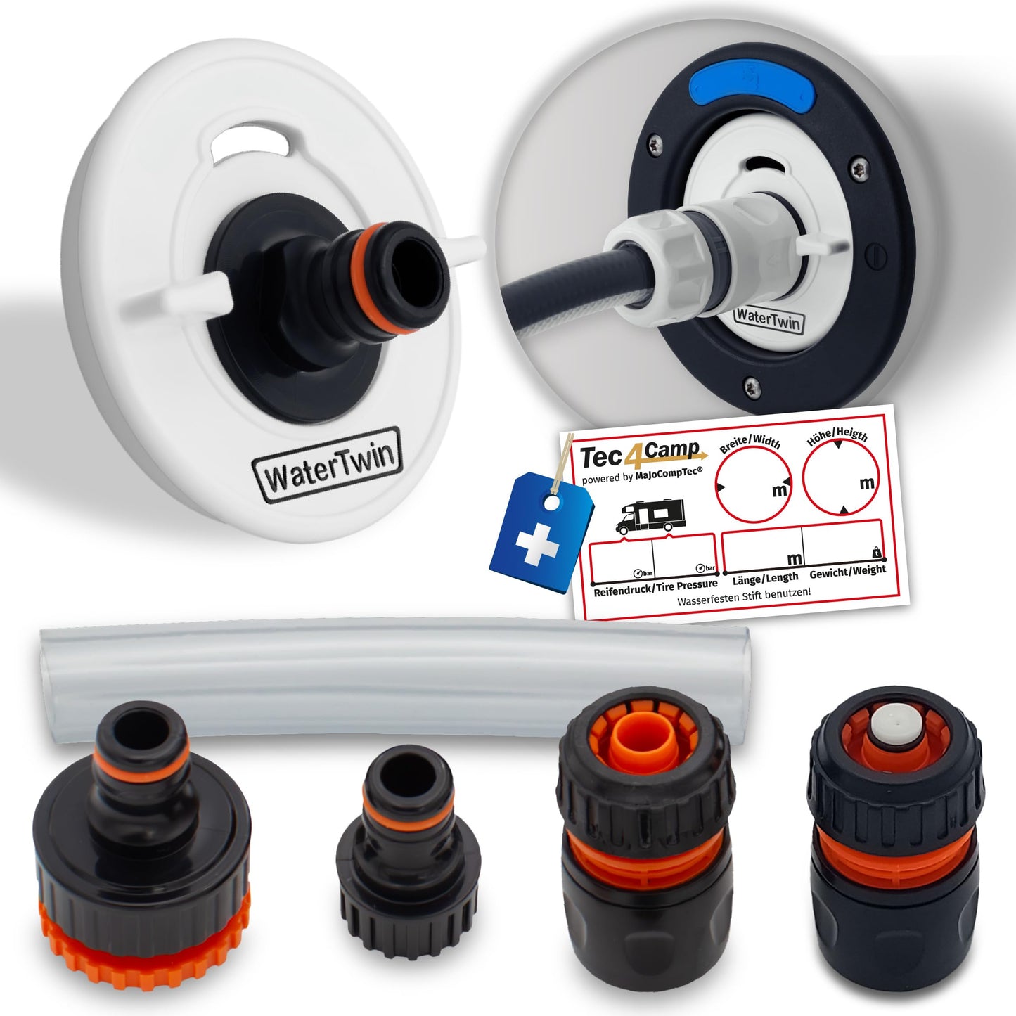 MaJoCompTec® WATERTWIN tank cap with water connection | water tank cap filling adapter for water inlet ports | motorhome caravan accessory (ECO version + starter set, adapter 3-PIN D:78)