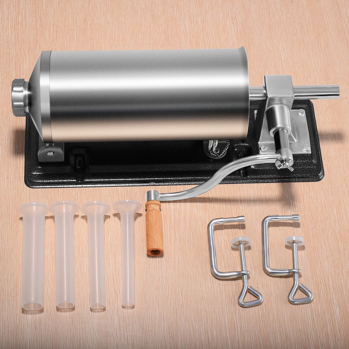 COSTWAY 2.5kg/3kg/4kg manual sausage stuffer, stainless steel sausage machine, sausage filling machine with 4 filling tubes silver, sausage press with table clamp, sausage syringe silver (4KG)