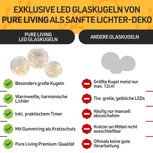 PURE LIVING INTERIOR DESIGN LED ball light 3-piece set, ball with timer, light balls with battery warm white as decorative light battery operated, glass ball as window sill decoration, lights decoration, window sill