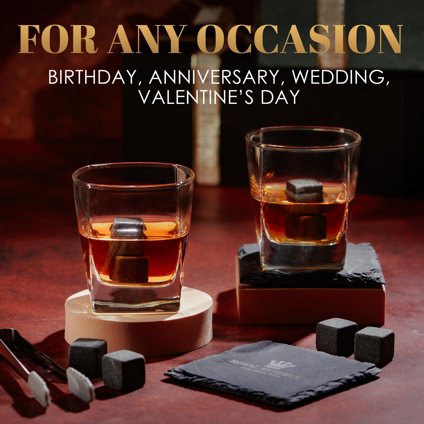 Whiskey gift set - whiskey glasses, stones, coasters, ice tongs, wooden box, history and recipe cards, velvet bag - accessory set, gift for men, husband, from Royal Reserve