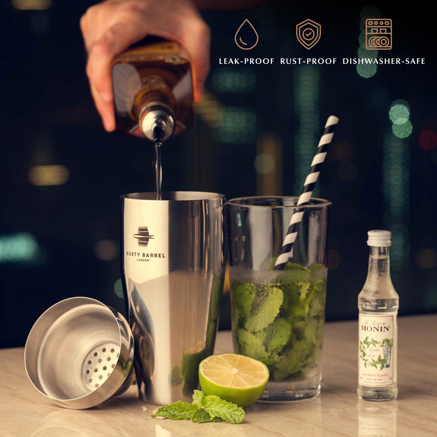 Rusty Barrel Mayfair Cocktail Set - Stainless Steel Cocktail Shaker Set with Bar Accessories | Professional Cocktail Mixing Set in Luxurious Gift Box