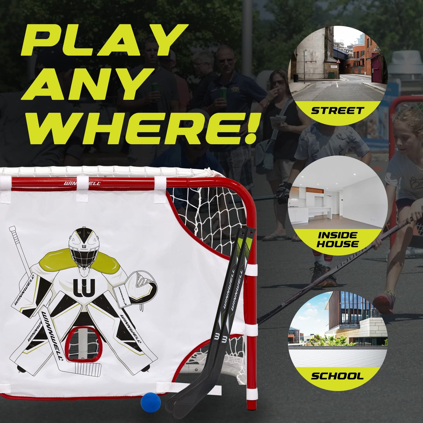 Winnwell Mini Hockey Set 31" - Metal Goal with Net, 2 Sticks, 1 Ball, 1 Target Board, Multicolor